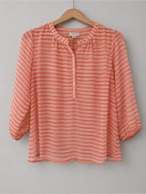 LOFT Petite Medium MP Sheer Coral Gray Striped Blouse 3/4 Sleeve Henley Top